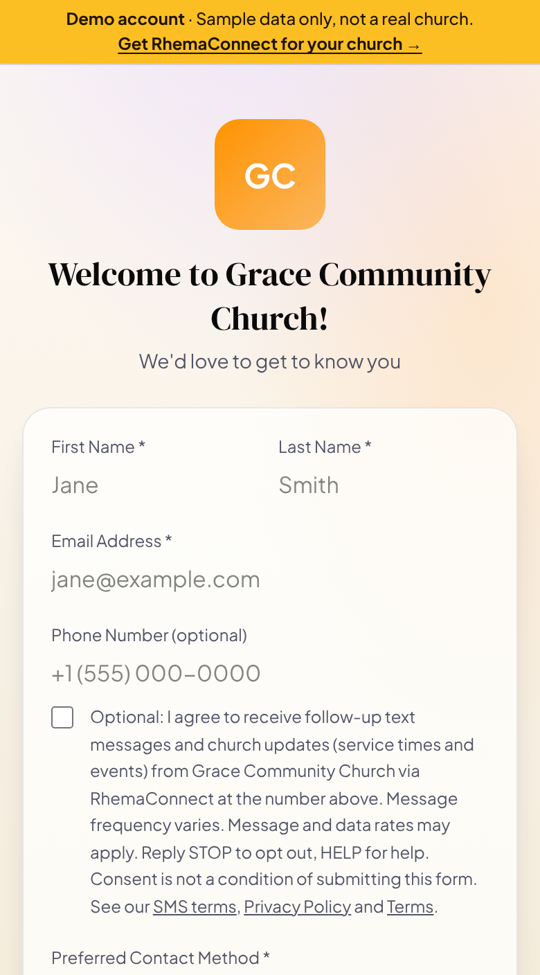 Grace Community Church visitor form showing the phone number field and the unchecked SMS consent checkbox underneath it